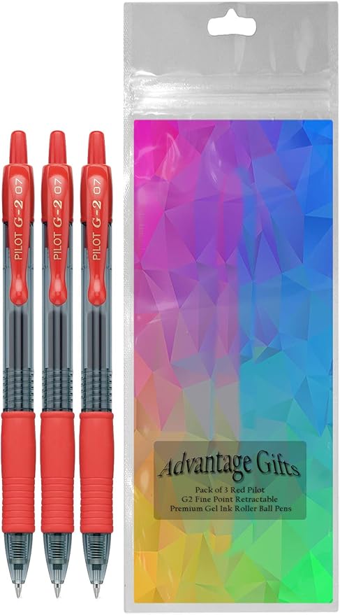 G2 Retractable Premium Gel Ink Roller Ball Pens Fine Point Fine Point (.7mm) Red Ink 3-pk; Refillable & Premium Comfort Grip Bundle with Plastic Reusable Pouch