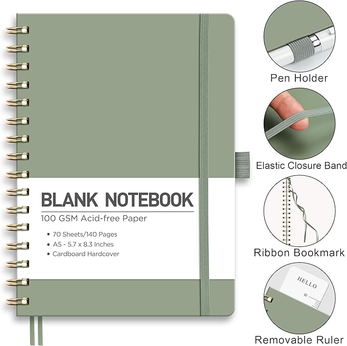 RETTACY Blank Journal Notebook, 140 Pages, A5 Medium Size (5.7'' x 8.3''), Hardcover, 100 GSM Thick Paper, for Sketching, Drawing, Painting (Light Green)