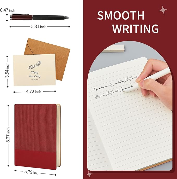 A5 Lined Notebook with Pen & Gift Box 216 Pages PU Leather Journals for Women Men 100GSM Thick Paper College Ruled Notebook for School,Travel,Business,Work,Home Writing (Red)