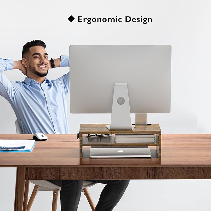 BONTEC Wooden Monitor Stand Riser, 2-Tier Desk Shelf with Storage Organizer, Ergonomic Computer Stand with Cable Management, Cellphone Holder, Vintage Brown, 16.5 Inch