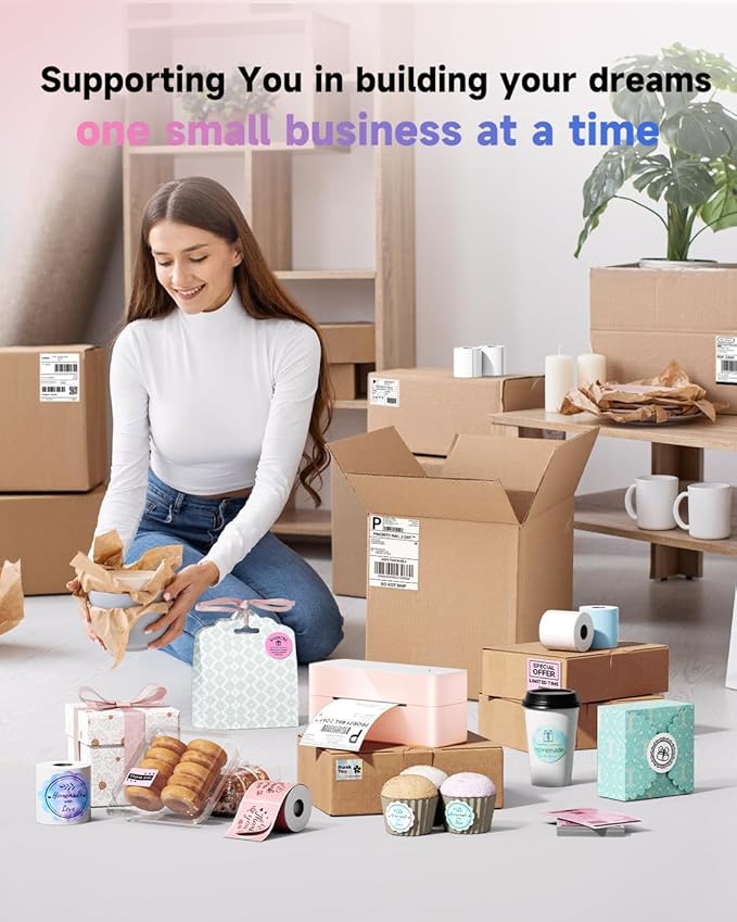 Bluetooth Thermal Label Printer Pink, Wireless 4x6 Thermal Shipping Printer Pink for Small Business & Shipping Package, Desktop Printing, Compatible with Amazon, Ebay, Shopify, Etsy, USPS