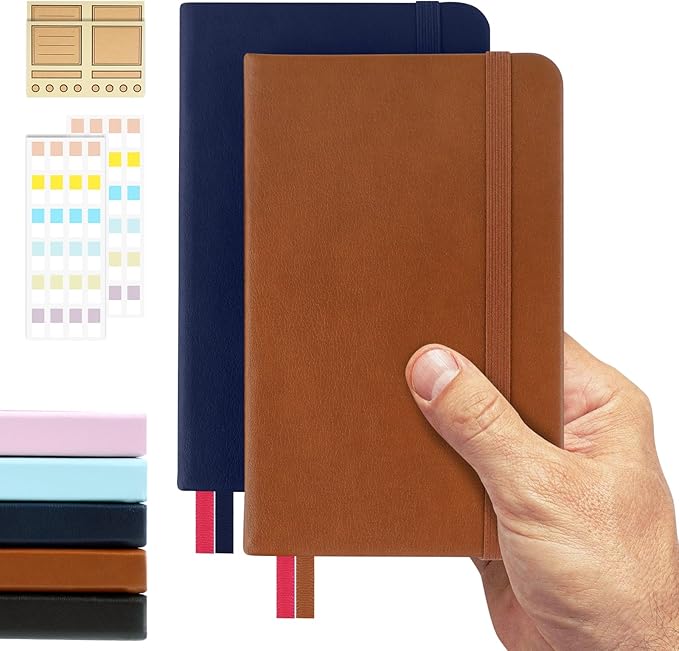 Pocket Dotted Notebook, 2-Pack Dot Grid Notebook, Dotted Journal with Stickers, 3.5" x 5.5" Hardcover, Small Mini A6 size, 160 Pages, 100 gsm Thick Paper, Cognac Brown, Navy Blue