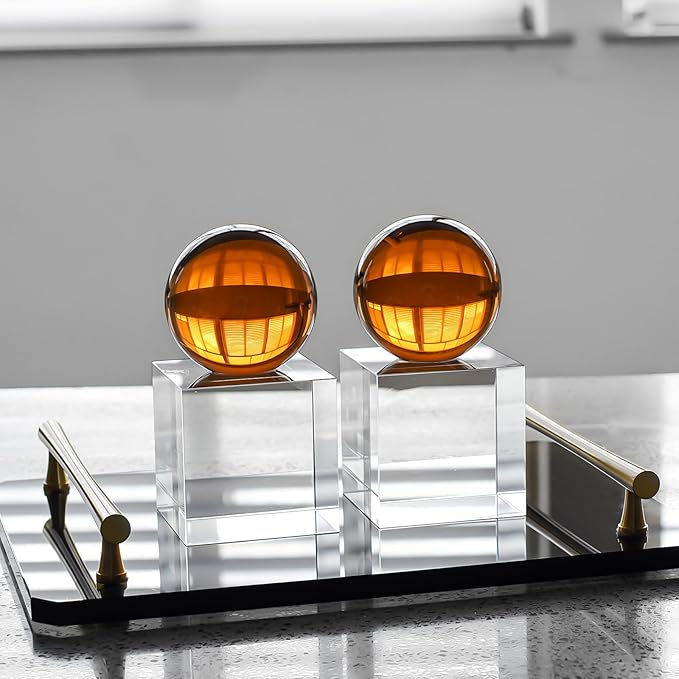 Crystal Bookends, 1 Pair of Decorative Tabletop Bookends for Office, Home, Desk, Comes with Gifed Box, Amber