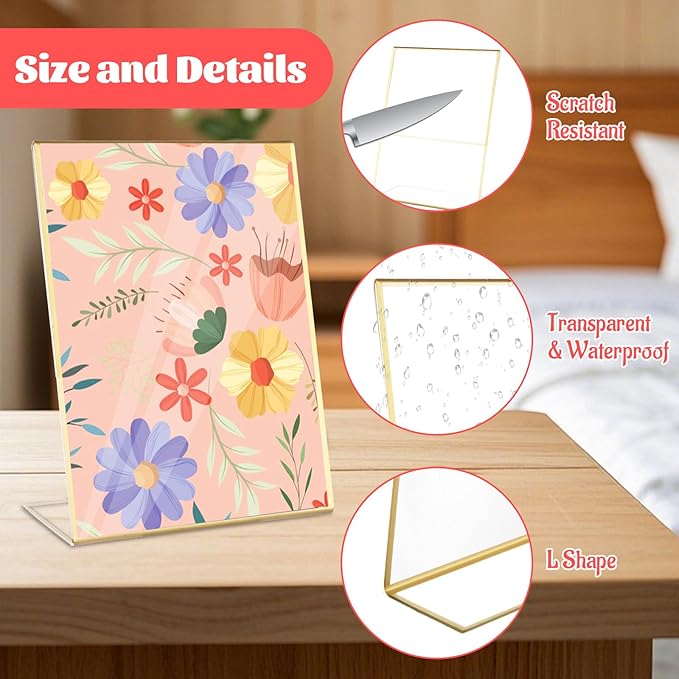 12 Pack Acrylic Sign Holder 8.5 x 11 Gold Vertical Plastic Sign Holder 8.5 x 11 Standing Clear Flyer Display Holder Menu Picture Paper Display Stand for Hotel, Office, Restaurant