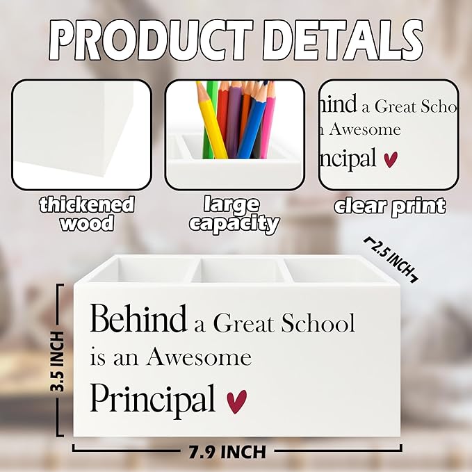 Principal Gifts Pen Pencil Holder Organizer for Desk, Gifts for Principals Women Men, Behind a Great School Is an Awesome Principal Wooden Box Sign for Office Workplace Desk Tabletop Decorations
