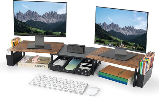 Desk Dual Monitor Stand Riser - Desk Organizer with Drawer and Pen Holders, Office Desk Accessories & Workspace Organization, Computer Monitor Stand for Laptop, Printer, TV, Office Decor, Wood