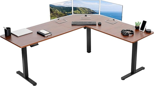 VIVO Electric Corner L-Shaped 75 x 63 in Standing Desk, Memory Height Adjustment, Dark Walnut Top Black Frame, DESK-E3CTD-75