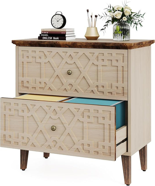 LITTLE TREE 2-Drawer File Cabinet, Wood Lateral Filing Cabinet for Home Office, Beige