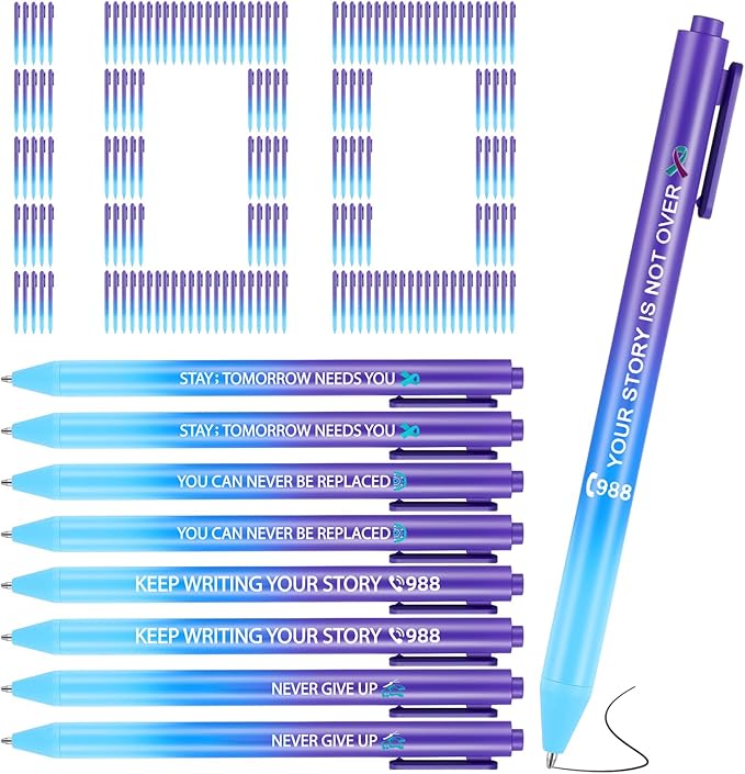 Jetec 100 Pcs Suicide Prevention Awareness Ribbon Pens Bulk Black Ink Retractable Fine Tip Ballpoint Pens with Gradient Color for Charity Volunteers Activity (Suicide Prevention)