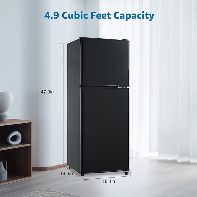 Mini Fridge with Freezer 4.9 Cu. Ft 2 Door Refrigerator, Dorm Fridge with 7 Adjustable Thermostat & Shelves, Compact Mini Refrigerator Freezer for RV, Kitchen, Office, Black