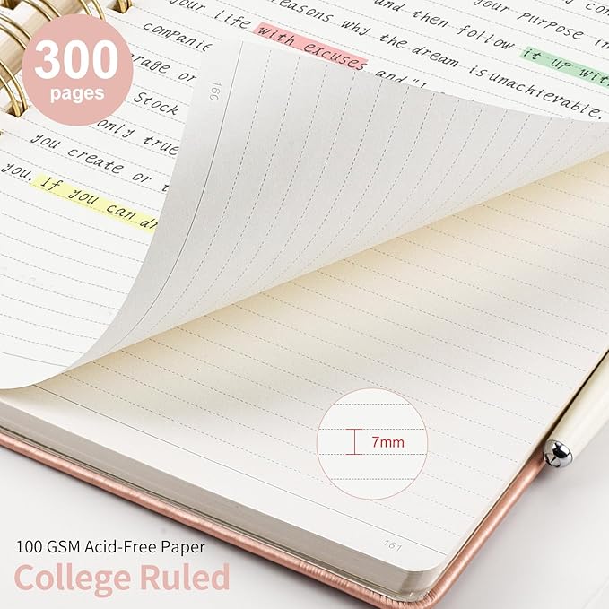 EMSHOI Spiral Notebook College Ruled, 300 Numbered Pages, A4 Large Hardcover Leather, 100 GSM Thick Lined Journal for Women Men Work Writing Journaling Note Taking, 8.27" x 11.2", Rose Gold