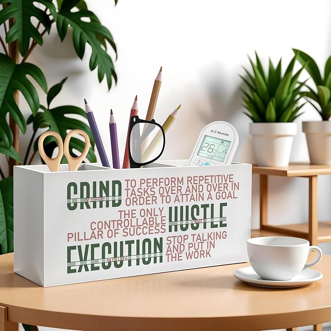 Motivational Office Pencil Pen Holder for Desk, Grind Hustle Execution Wooden Pencil Holder Organizer for Home Office Desk Accessories, Encouragement Gifts for Women