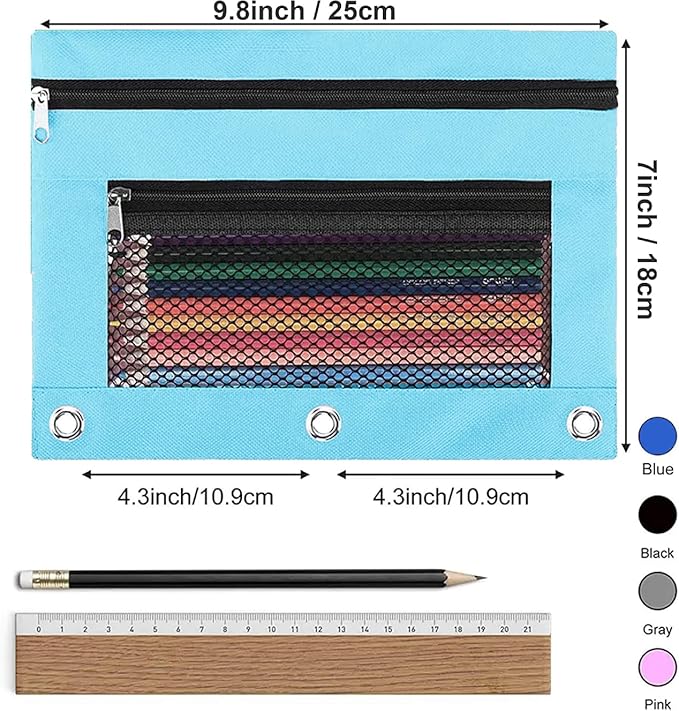 Pencil Pouch, 3 Ring Binder Pencil Bag with Large Capacity, Zipper Pulls Double Pockets Pencil Case with 3 Binder Hole and Mesh Window (Light Blue and Green)