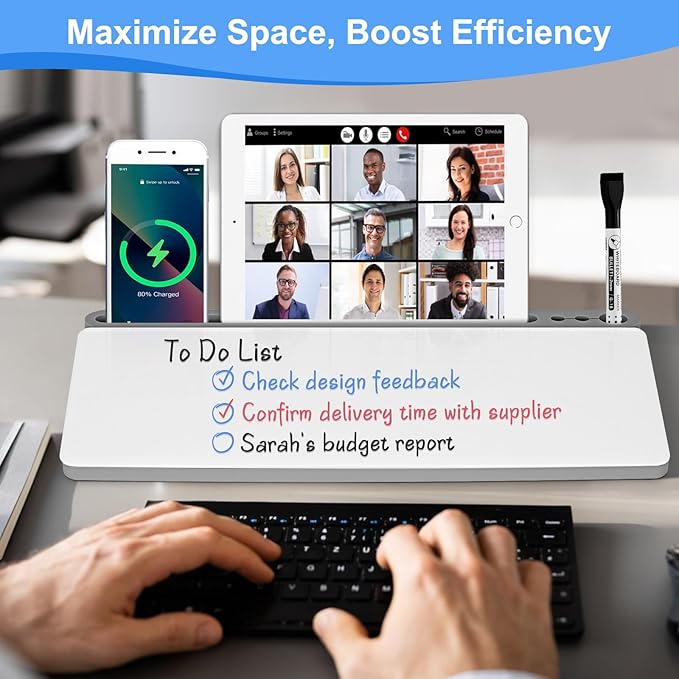 Desktop Glass Whiteboard with Storage, Grey Desk Dry Erase White Board with Computer Keyboard Stand, Desk Organizers and Accessories with Removable Cubicles for Office, Home, College, School