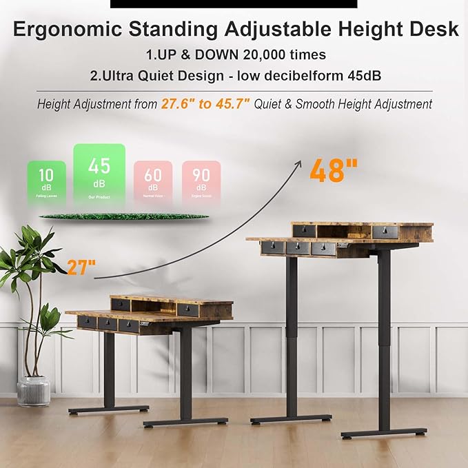 XINYAO Electric Standing Desk with 5 Drawers, 55x24 Inch Height Adjustable Sit Stand Up Desk with Storage Support 290lbs Ergonomic Rising Table with Wheels for Home Office