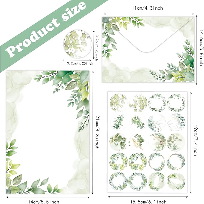 160 Packs Stationery Paper and Envelopes Set 10 Different Designs, 50 One Sided Stationery Writing Papers with 50 Matching Envelopes and 60 Round Dot Sticker, 5.5 x 8.25 Inch (PineLeaf)