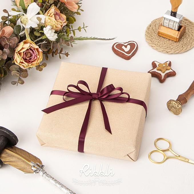 Ribbli Double Faced Burgundy Satin Ribbon,3/8” x Continuous 25 Yards,Use for Bows Bouquet,Gift Wrapping,Floral Arrangement