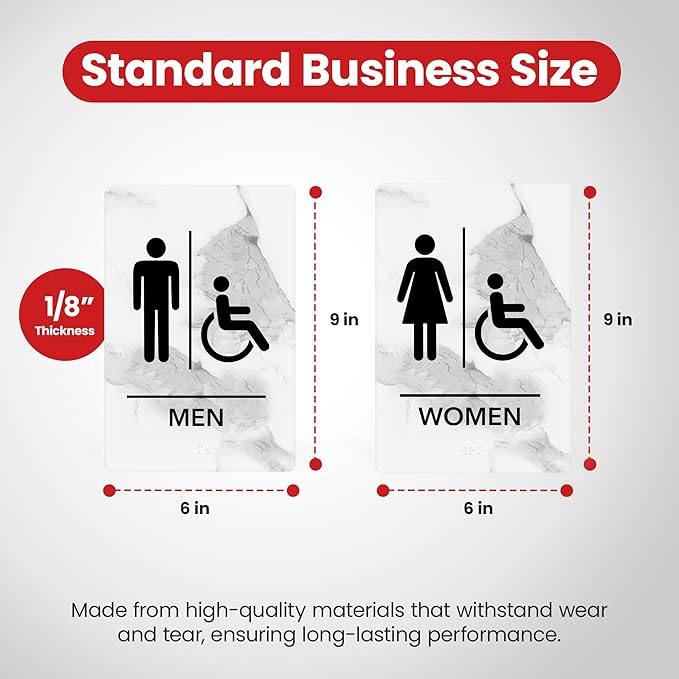 Promot Men and Women Handicap Restroom Sign – ADA Braille Bathroom Sign for Business, Self-Adhesive, 9" x 6", Commercial Door Signage, Office Wall Decor - Marble Quartz