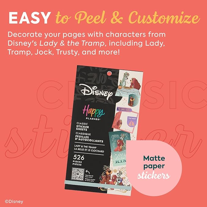 Happy Planner Disney 30-Sheet Easy-Peel Sticker Pack for Calendars and Journals, Lady and The Tramp