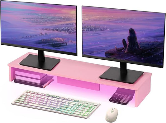 Dual Monitor Stand Riser with LED Lights, Large Monitor Stand for Desk, Computer Monitor Stand for 2 Monitors, Desk Shelf for Top of Desk, Desktop Organizer for Laptop, Printer, TV, Pink