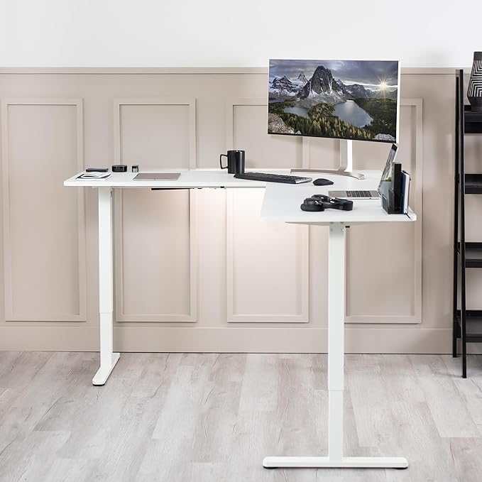 VIVO Electric Corner L-Shaped 75 x 63 in Rustic Standing Desk, Memory Height Adjustment, White Top White Frame, DESK-E3CTW-75