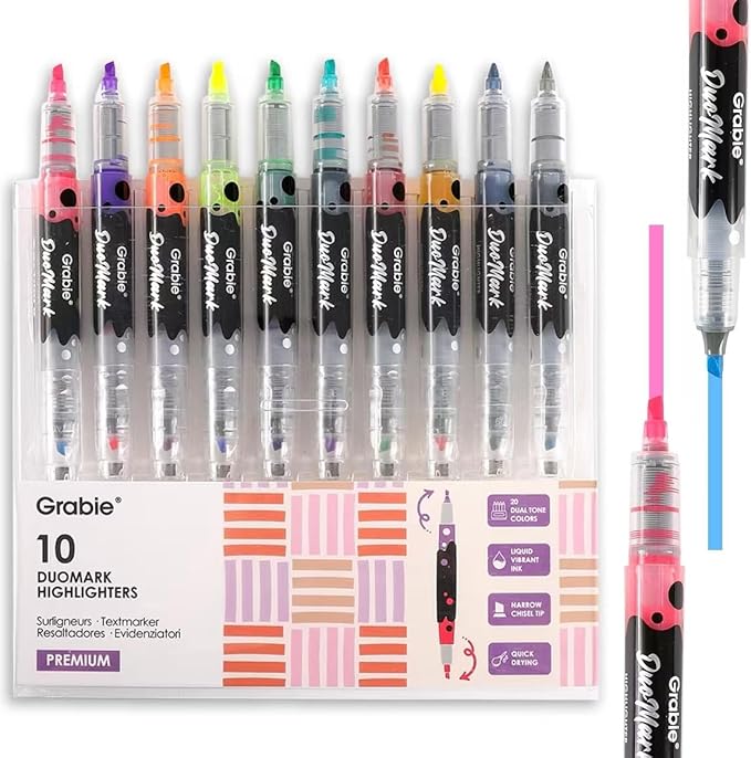 Grabie 20 Dual Tip Colors Highlighters, DuoMark Highlighter Set of 10, Dual Tone Highlighters Assorted Colors, Versatile Chisel Tip, Highlighter Markers, Note-taking