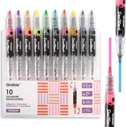 Grabie 20 Dual Tip Colors Highlighters, DuoMark Highlighter Set of 10, Dual Tone Highlighters Assorted Colors, Versatile Chisel Tip, Highlighter Markers, Note-taking