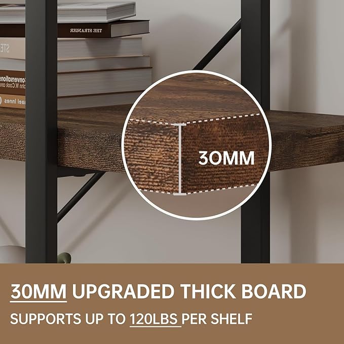 4 Tier Bookcase, 47 Inch Wide Wood Bookshelf, 120lbs Shelf Capacity, Rustic Open Shelving Industrial Display with Reinforced Horizontal Brown Shelves for Living Room Bedroom Office