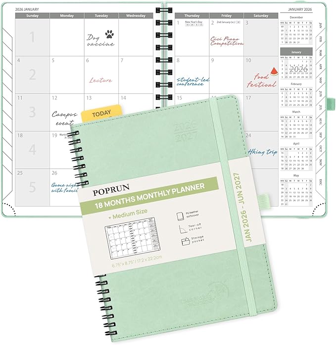 POPRUN Monthly Planner 2026-2027 (Medium 6.5" x 8.5") 18 Months Calendar (Jan 2026 - Jun 2027) - 4 Pages per Month with Expense & Notes, Stair-like tabs, Leather Cover, Sunday Starts - Green