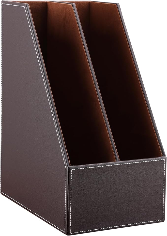 KINGFOM Wooden Leatherette Desktop File Folder Organizer and Document File Stand Journals Magazine Rack 2 Slots (brown)