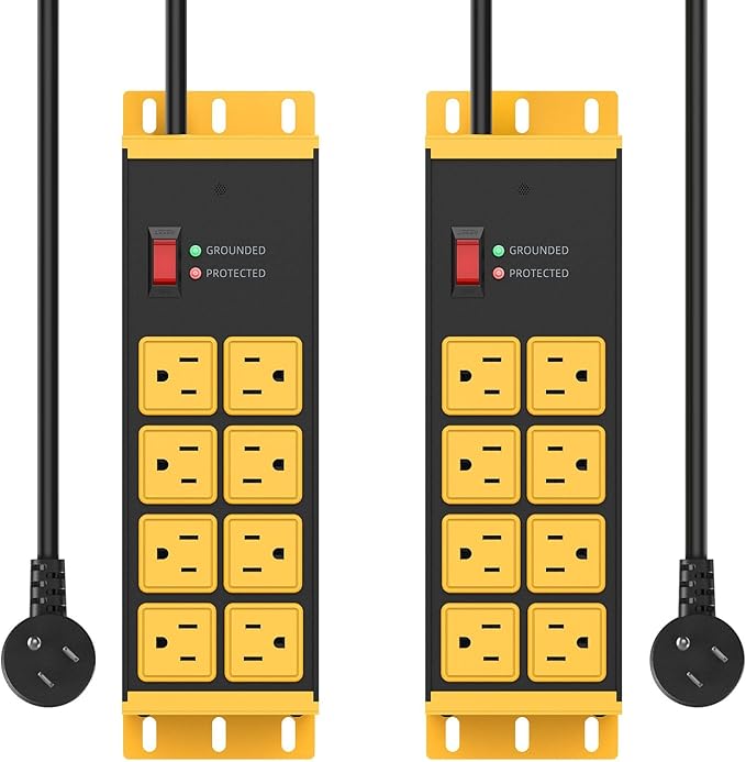 HHSOET 2 Pack Heavy Duty Power Strip 8 Outlets, Metal Wall Mount Outlet Strip 4800J Surge Protector, Garage Shop Under Desk Mountable 6FT Extension Cord Plug, ETL Listed