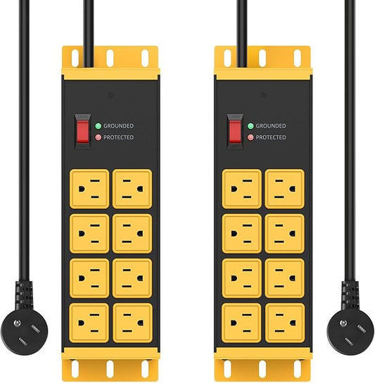 HHSOET 2 Pack Heavy Duty Power Strip 8 Outlets, Metal Wall Mount Outlet Strip 4800J Surge Protector, Garage Shop Under Desk Mountable 5FT Extension Cord Plug.