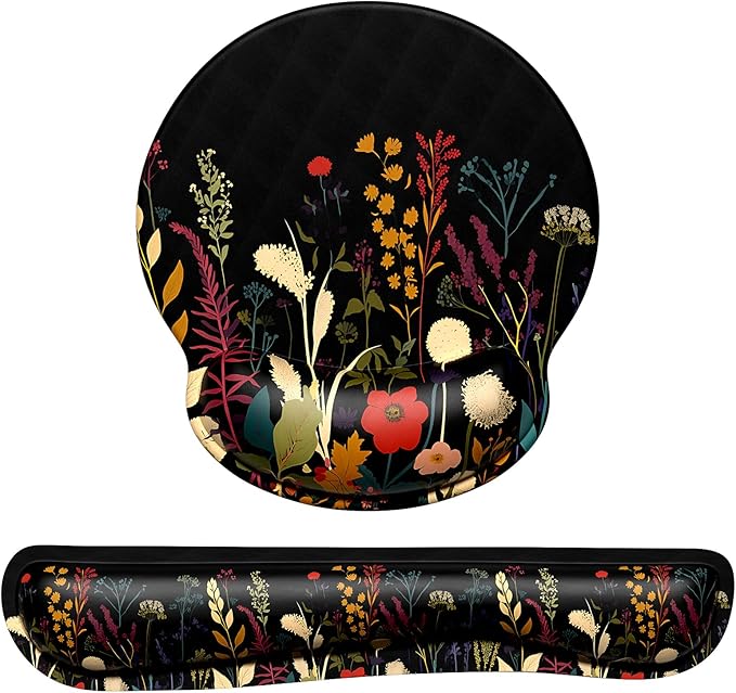 Dapesuom Keyboard Wrist Rest and Mouse Pad with Wrist Support, Cute Memory Foam Cushion for Keyboard and Mouse Set, Desktop Pad Rests with Non Slip Base for Easy Typing & Pain Relief, Floral Cartoon