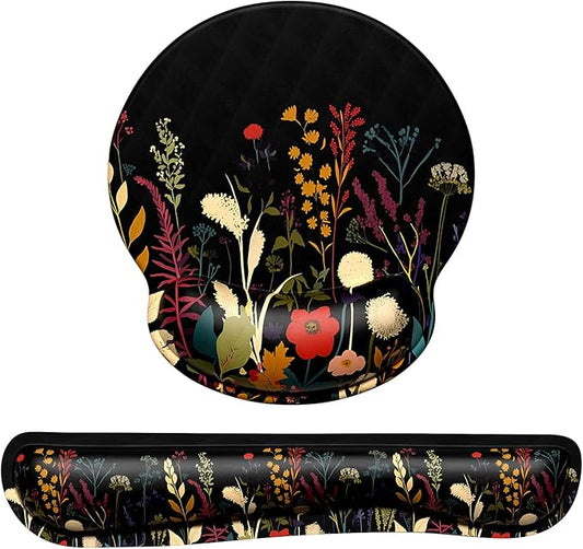 Dapesuom Keyboard Wrist Rest and Mouse Pad with Wrist Support, Cute Memory Foam Cushion for Keyboard and Mouse Set, Desktop Pad Rests with Non Slip Base for Easy Typing & Pain Relief, Floral Cartoon