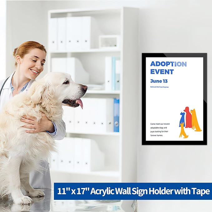 Acrylic Magnetic Sign Holder Wall Mount, Self Adhesive Magnetic Display Frame with Nano Tape and Strong Magnetic Border for Wall, Door, Glass, Home, Store, Office (Black, 11" x 17" / 5 Pack)