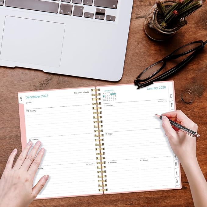 2026 Planner - Planner 2026 from January 2026 - December 2026, Weekly & Monthly Planner Spiral Bound with 12 Monthly Tabs, Inner Pocket, 6.4" x 8.5", Pink-E