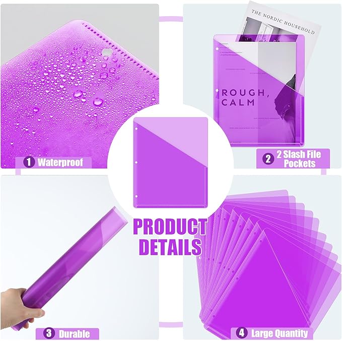 Seajan 48 Pcs Pocket Folders for 3 Ring Binder Clear Plastic Folders Sleeves with 2 Pockets 3 Hole Punch Binder Dividers Poly Slash File Jackets for Office School Document Organizer (Purple)