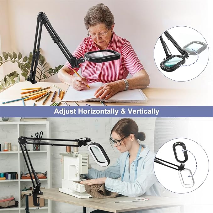 10X Rectangle Magnifying Glass with Light and Clamp, 5 Color Modes Stepless Dimmable, Lighted Magnifier with Stand Hands Free, Flexible Swing Arm LED Desk Lamp for Close Work, Craft, Reading, Painting