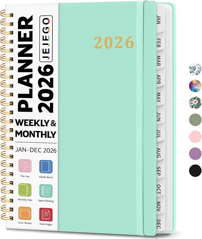 2026 Planner, Weekly and Monthly Calendar Planner Book, January 2026 - December 2026, Hardcover Spiral Planner with Monthly Tabs, Notes Pages, Perfect for Women & Men, A5 (6.4" x 8.5") - Mint