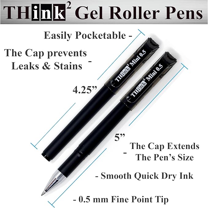 THINK2MASTER [24 Pens - Black Ink Think2 0.5mm Pocketable Mini Gel Pens. (24 Black) Fine Point Small Rollerball Pens with Smooth Quick Drying Ink.