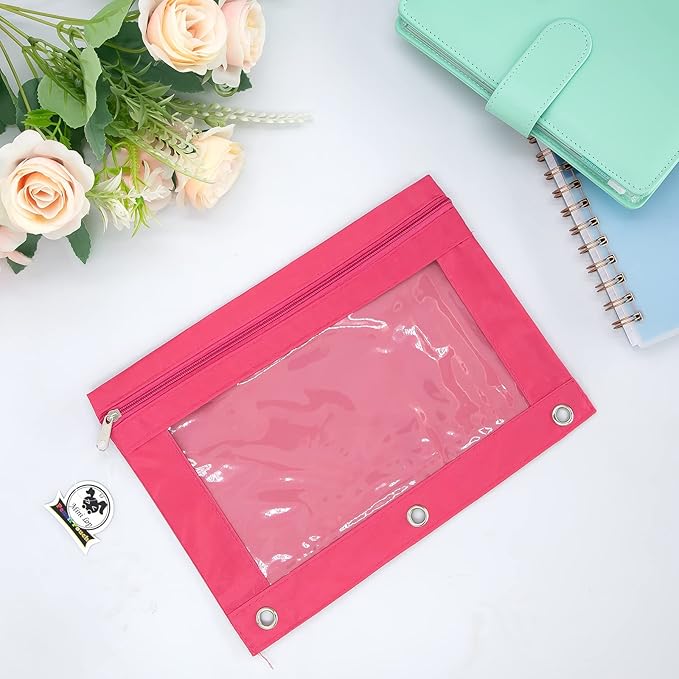 3 Ring Binder Pencil Pouches, Pencil Pouch for 3 Ring Binder, Zippered Clear Window Pencil Case for Binder with Rivet Enforced Hole 3 Ring, 5 Packs