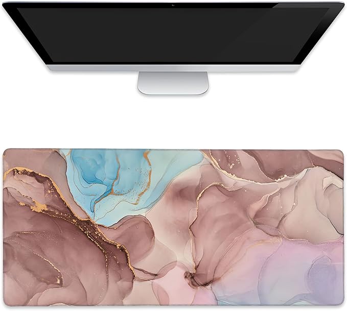 Abstract Fluid Art Extended Gaming Mouse Pad Transparent Waves and Golden Swirls Large Mouse Pad with Stitched Edges Anti-Slip Rubber Base Mouse Mat Desk Pad for Gaming and Office 35.4" x 15.7"