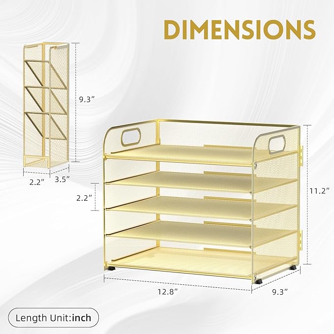 SUPEASY 5 Tier Desk Organizer with Handle & Removable Pen Holders, Mesh Paper/File Organizer for Desk, Paper Letter Tray Organizer for Office Supplies, Gold