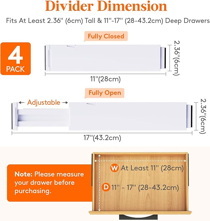 Lifewit 4 Pack Kitchen Drawer Dividers 2.36" High, 11"-17" Adjustable Drawer Organizer for Utensils/Clothes/Makeup, Plastic Expandable Separators in Dresser/Bedroom/Bathroom/Office Storage