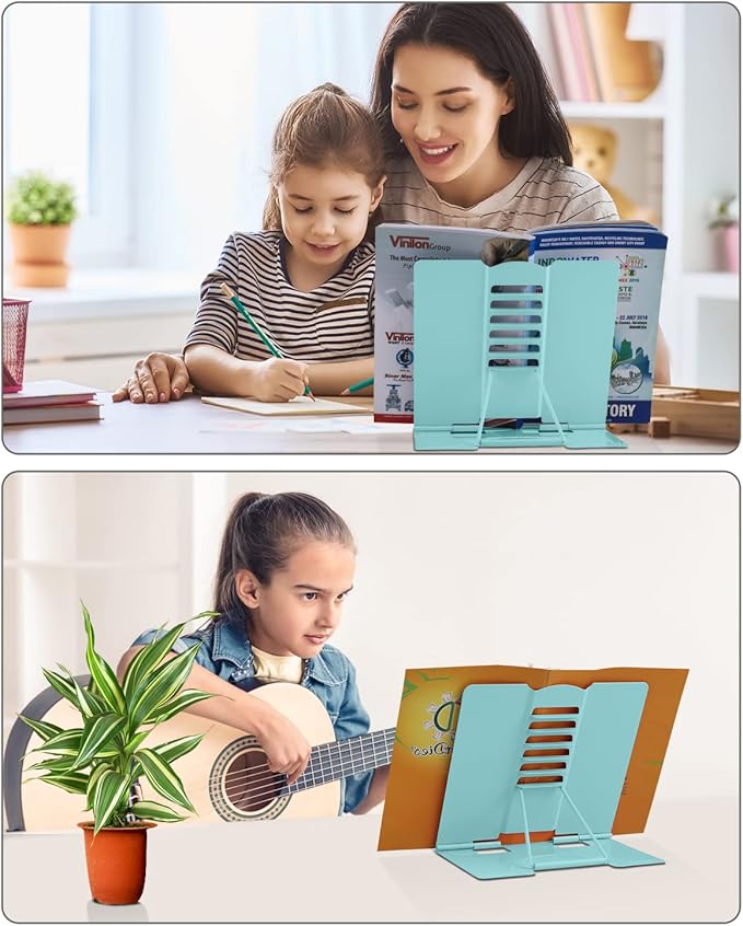 MSDADA Desk Book Stand Metal Reading Rest Book Holder Adjustable Cookbook Documents Holder Portable Sturdy Bookstands for Recipes Textbooks Tablet Music Books with Page Clips (Light Lake Green)