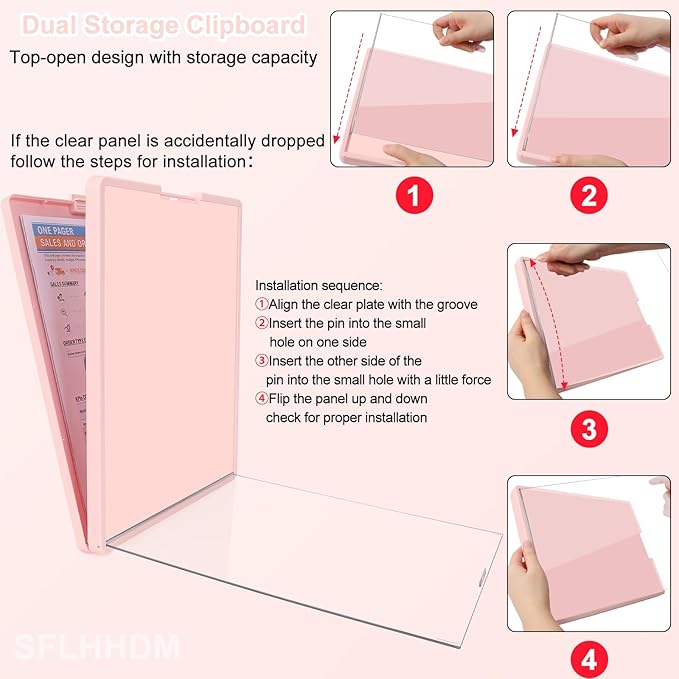 Clipboard with Storage,Three-Tier Box Clipboards(Letter Size),Storage Clipboard with Clip Form Holder Clipboards,Dry Erase Clip Boards 8.5x11 with Storage for Office School Supplies Clip Board-Pink