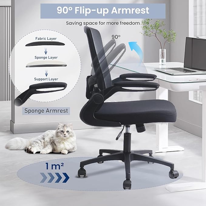 Desk Chairs with Wheels, Ergonomic Mesh Office Chair Adjustable Height and Swivel Lumbar Support Home Office Chair with Flip Up Armrests (8PK)