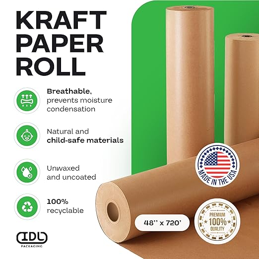 IDL Packaging 48" x 8640" (720 feet) - Brown Kraft Paper Roll - 50lb Thickness - USA-Made Heavy Duty Paper for Packing, Moving, Shipping, Crafts - 100% Recyclable Natural Kraft Wrapping Paper