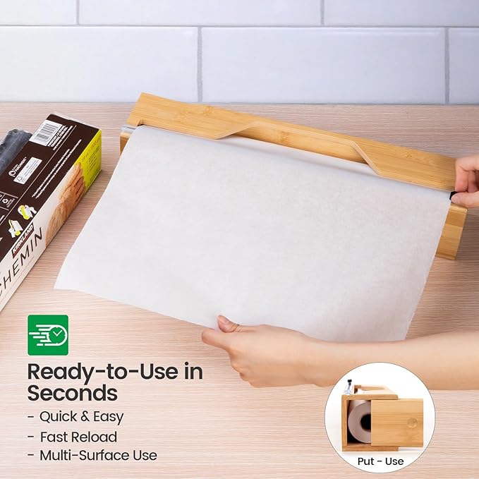 15 Inch Parchment Paper Dispenser with Cutter for Costco-Sized Roll, Bamboo Kitchen Drawer Organizer for Foil & Wax Paper, Wall-Mounted Large Food Wrap Holder