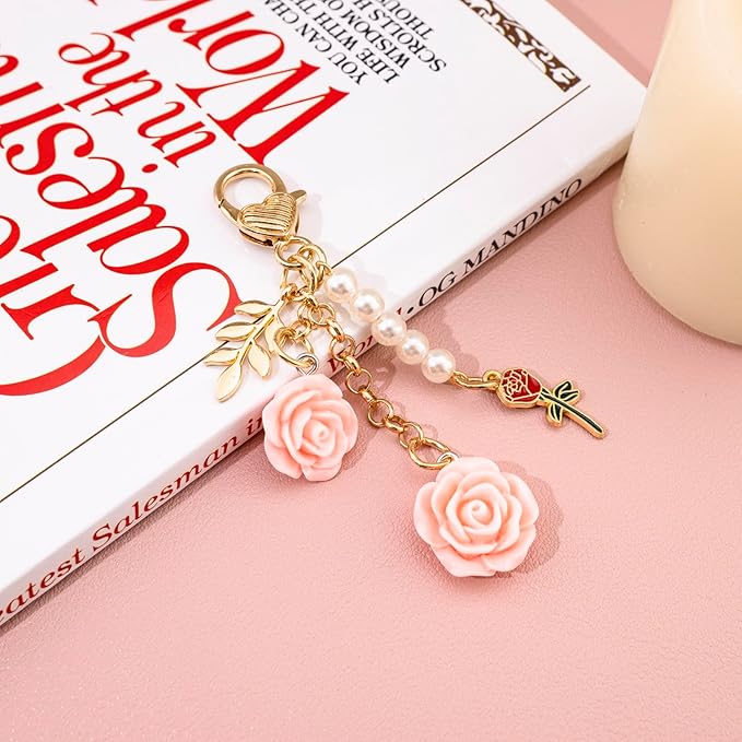 Rose Purse Charms Cute Flower Keychain With Heart Sticker Charm Chain For Kindle Colorful Bag Charms For Handbags